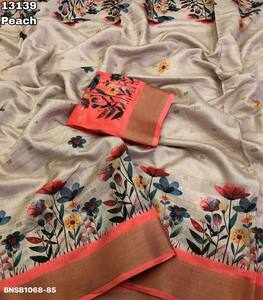 Ensemble Saree et Blouse Ethnique en Soie Tussar de Qualité Export Indienne pour Tenues de Fête, avec Imprimé Floral, Tissage Butti Zari Doré et Bordure Zari - Product Image 3