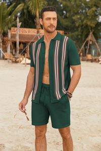 Ensemble T-shirt et short pour homme en coton tissé 100% respirant, 2 pièces, tendance et décontracté pour l'été - Product Image 3