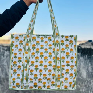 Oversized Large Quilted Weekend Tote <b>Bag</b> - Cotton Block Printed Overnight <b>Bag</b> Grocery Shopping Travel Handmade <b>Bags</b> For Women - Product Image 1
