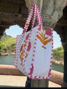 Premium Vendor White Pink Floral Block Printed Cotton Kantha Quilted Storage Tote <b>Bag</b> Women Shoulder Travel Carrying Handbag Pri - Product Image 2