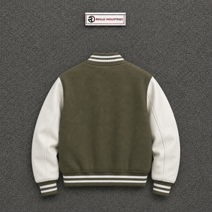<b>Men's</b> Olive Green Varsity <b>Jacket</b> <b>White</b> Sleeve Casual Fleece Baseball Coat Turn-down Collar Button Closure Autumn Wear <b>MENS</b> FASHI - Product Image 6