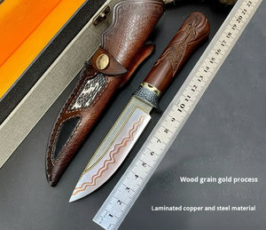 Customizable Hand-<b>Carved</b> Imported Sand Iron Wood Grain Gold-Clad Copper Damascus Collectible Stainless Steel Camping <b>Knife</b> - Product Image 6
