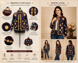 Elegant Embroidered Velvet Jacket With Mandarin Collar Floral Pattern Autumn Women's Short Coat Full Sleeve Polyester <b>Material</b> - Product Image 4