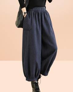 Women's High Waisted Striped <b>Harem</b> Pants Cotton Bamboo Fiber Loose Fit Ankle Length Elastic Waist Casual Autumn <b>Trousers</b> - Product Image 1