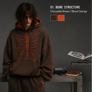 Sudadera con Capucha Extra Grande para Hombre, Color Marrón Chocolate, Estampado de Esqueleto Naranja Sangre, Ropa Urbana de Algodón French Terry para Otoño - Product Image 3