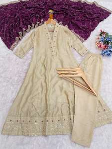 New Trendy Long Designers <b>Silk</b> Embroidered <b>Kurta</b> Pant Dupatta Set Casual Wear Traditional Fully Stitched Dress - Product Image 6