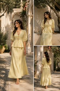 Ensemble coordonné en coton de créateur - Haut d'été jaune à manches bouffantes associé à une jupe longue confortable, deux pièces, vente en gros - Product Image 5