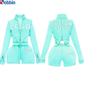 Conjuntos Deportivos Cortos de Verano Estilo Hip Hop para Mujer, 2 Piezas, Chaqueta con Cremallera y Pantalones Cortos, 100% Algodón, Transpirable, de Secado Rápido, Ecológico, Mangas Largas - Product Image 2