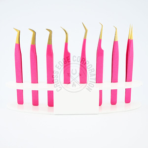 Fiber Tweezer Eyelash Extension Pointed Tip Stainless Steel Tweezers Glitter Hot pink with Gold Tip for Volume Lash Extensions - Product Image 5