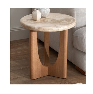 Table d'appoint sculpturale en travertin et bois avec plateau en marbre et base en teck, design sablier totem - Product Image 4