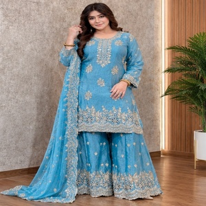 <b>Women</b> Blue Embroidered Palazzo Salwar Kameez with Dupatta Traditional Party Wear <b>Kurta</b> QUNOOT CLOSET Polyester/Nylon Quick Dry - Product Image 1