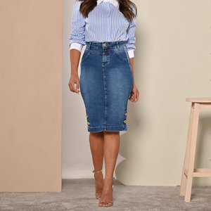 Straight Knee Length Stretch Denim Jean Skirt for Women Plus Size Side Button Details - Product Image 5