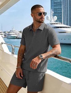 Men's Gray <b>Geometric</b> Knitted Polo <b>Shirt</b> And Pants Set Casual Summer Breathable Outfit - Product Image 3