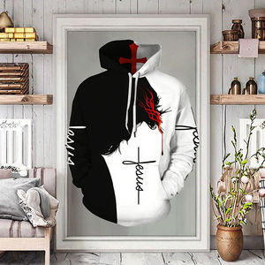 Sweat-shirt à capuche surdimensionné pour homme, imprimé par sublimation 3D personnalisé, motif chrétien Jésus, couleurs contrastées noir et blanc, croix. - Product Image 4