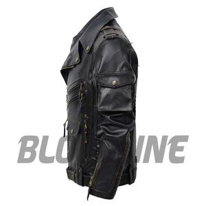 BLOODLINE Men's Black Genuine Leather Moto <b>Biker</b> <b>Jacket</b> Turn-down Collar Zipper Closure Autumn Wear - Product Image 1