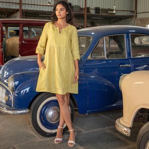 Robe midi décontractée en coton et lin pour femmes, manches 3/4, col rond, coupe ample, confortable, tenue d'été - Product Image 1