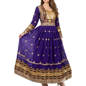 Vestido Afgano Kuchi Formal Tribal Modesto para Mujer, Diseño Sencillo con Cintura Natural, Recto, Bordado Sólido - Product Image 1