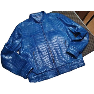 Chaqueta Bomber de Cuero con Grabado de Cocodrilo Azul para Hombre, Cuello Alto, Cierre de Cremallera, Estilo Motociclista, Corte Regular, para Otoño - Product Image 3