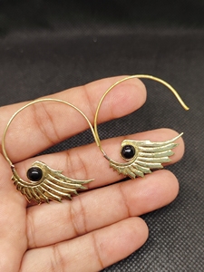 Hand Carved Brass Stone Hoop <b>Earring</b> Real Black Onyx Hoop <b>Earring</b> - Product Image 6