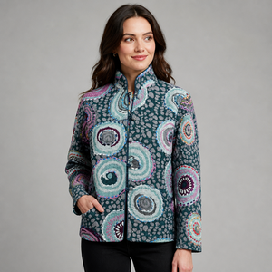 Colección de Diseñador, Abrigo Casual Corto con Cuello Mandarín y Estampado Paisley Bohemio, Manga Larga, Abrigo de Lana para Mujer, Invierno - Product Image 3