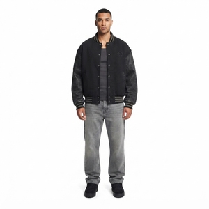 Men's Heavyweight Varsity <b>Jacket</b>-Oversized Loose Fit Stand Washed Finish Vintage Bomber Coated <b>Denim</b> High-End Graphic Streetwear - Product Image 1