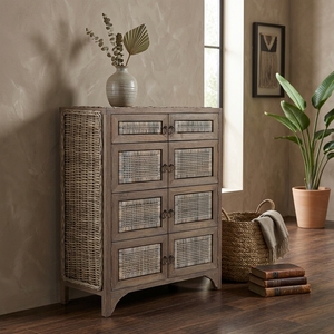 New Modern <b>Minimalist</b> Makassar Wooden Storage Cabinet Natural Rattan Webbing 8 Doors Chest Side <b>Table</b> Storage Nightstand - Product Image 2
