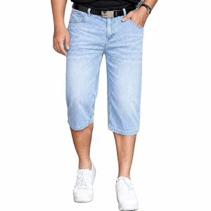 Shorts en jean bleu de haute qualité pour hommes, taille mi-haute, style décontracté, délavé, imprimé, plissé, tendance, pour l'été, style motard - Product Image 1