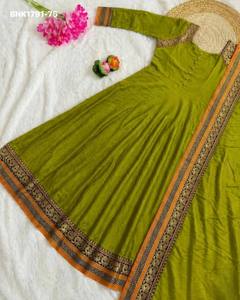 Good Quality Vichitra Silk with Embroidered Border & Full-Flared Readymade <b>Ankle</b>-Length Anarkali Kurti-Dupatta Indian Supplier - Product Image 5