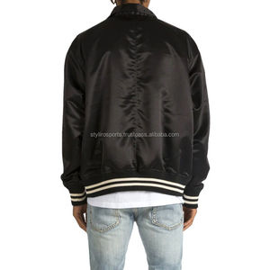 High Quality Wholesale Custom Satin Bomber Jacket Colored <b>Strips</b> Sports Varsity Jacket Men Satin <b>Fabric</b> Letterman Jacket - Product Image 6