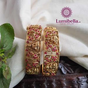 Laxmi Gold Plated <b>Copper</b> Bridal Cuff <b>Bangles</b> with Pearl and Emerald Cut Accents - Product Image 3