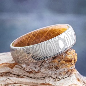 Damascus Steel <b>Ring</b> Koa <b>Wood</b> Turquoise Inlay <b>Mens</b> <b>Wedding</b> Band Comfort Fit Unique Pattern Groom Engagement Jewelry - Product Image 5