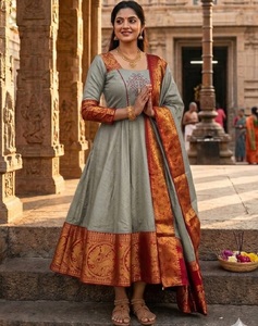 <b>Indian</b> Ethnic Wear Kanchi Cotton Material Zari Kanchi Border Anarkali Gowns Style Kurtis Dupatta Set Wedding Wear Recycled - Product Image 1