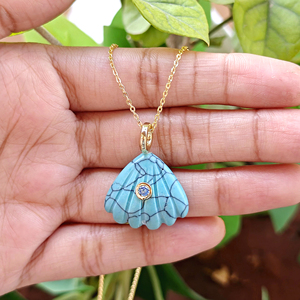 Azure bloom turquoise shell carving <b>with</b> white cubic zirconia bezel setting pendant necklace 18k gold plated <b>cable</b> chain jewelry - Product Image 2