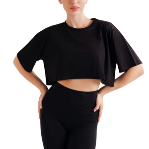 Camiseta Corta Negra para Mujer, Hombros Caídos, Manga Corta, Corte Holgado, Cuello Redondo, Color Sólido, Algodón Jersey - Product Image 5