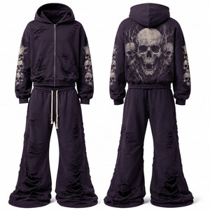 Chándal unisex gótico negro con capucha, estampado de calaveras, cremallera frontal, ajuste holgado, joggers con cintura elástica, ropa de otoño - Product Image 1