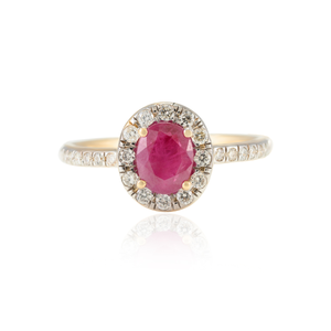 14K Solid Gold Oval Ruby & Halo <b>Diamond</b> Prong-Set Wedding <b>Ring</b> - Product Image 2