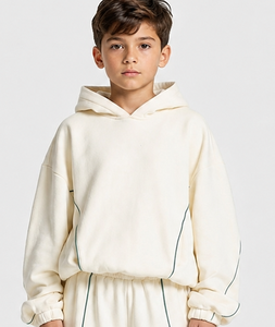 Sweat-shirt à capuche décontracté surdimensionné pour garçon, personnalisé, blanc nacré avec lignes contrastées, en polaire premium, modèle OEM - Product Image 1