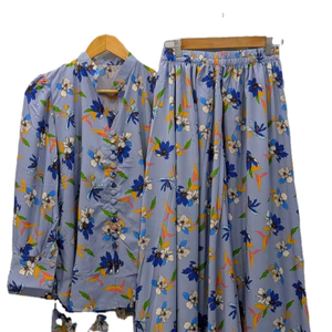 Conjunto de Falda y Blusa para Mujer, Cuello en V, Estampado Floral, Corte Regular, Cintura Alta, Elegante, Poliéster/Algodón, Venta al Por Mayor - Product Image 1