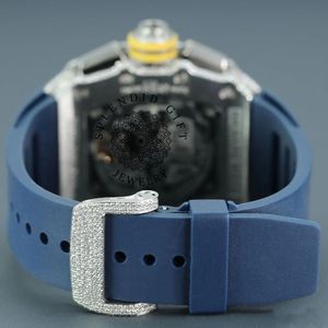 Luxury Men's Stainless Steel Diamond Encrusted Rectangle Mechanical Watch 44mm Analog <b>Chronograph</b> Sapphire Crystal Blue Band - Product Image 4