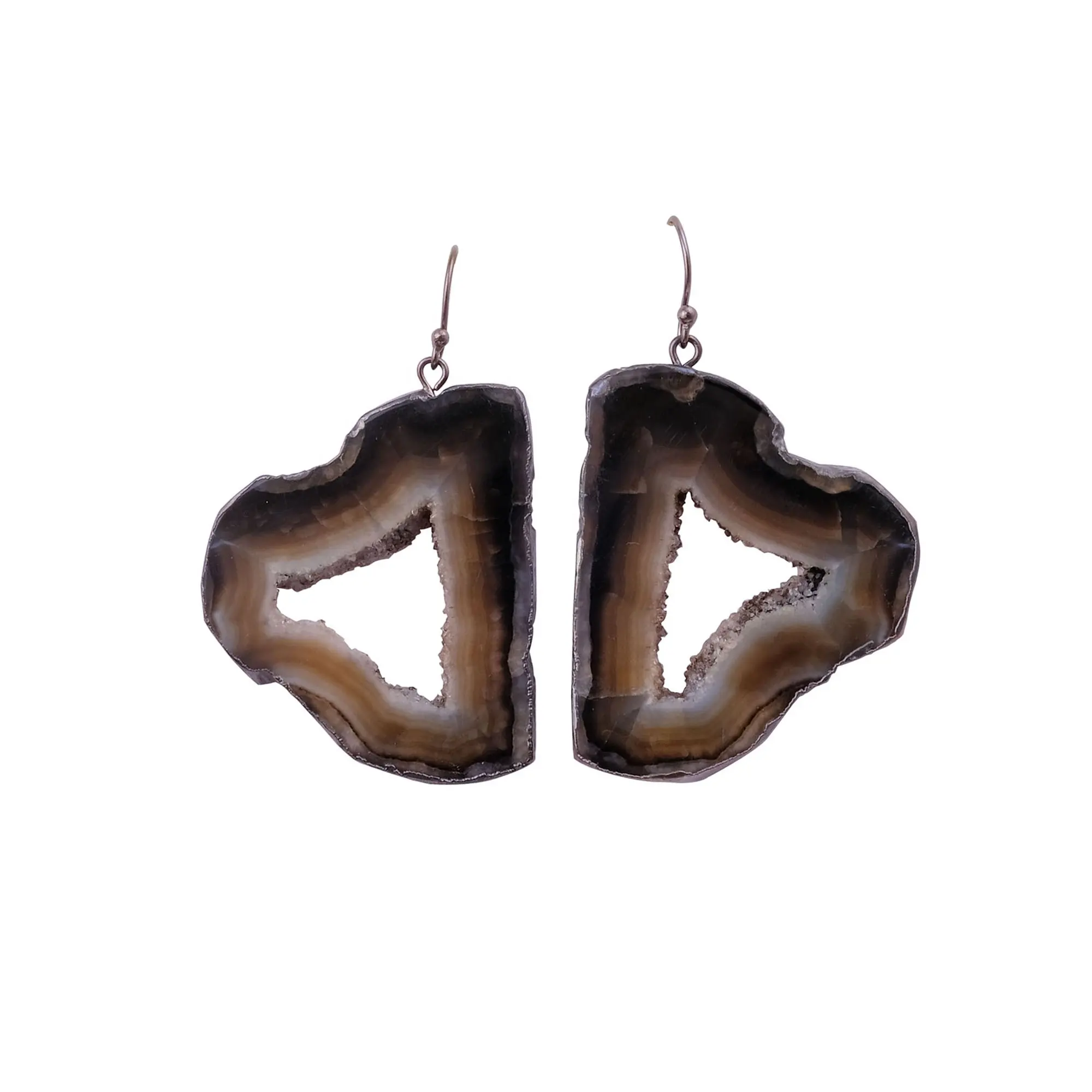 Black & brown agate slice gemstone earrings black electroplated fancy shape gemstone jewelry designer earring ear wire jewelry