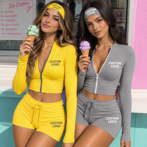 Custom Women Summer Workout Outfit Y2K Cropped Zip <b>Hoodie</b> High Waist <b>Biker</b> Shorts Contrast Trim Athletic Wear - Product Image 1