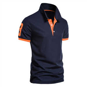 Men's Navy Blue Short Sleeve <b>Polo</b> Shirt With <b>Orange</b> Trim And Number 8 On Left Sleeve Casual Knitted Style - Product Image 1