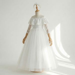 Vestido de Fiesta Largo de Tul con Encaje Blanco y Hombros Descubiertos para Niñas, Elegante Vestido de Ceremonia para Boda y Comunión - Product Image 3