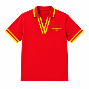 Camiseta Polo NSPDK para Mujer, Roja con Rayas Doradas, Cuello en V, Tejido Piqué, Manga Corta, Escudo Bordado, Ropa Griega - Product Image 5