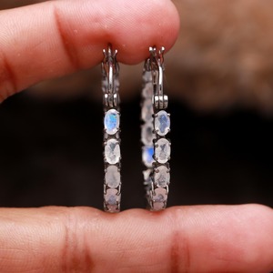 Moonstone Oval 5x3mm <b>Hoop</b> <b>Earrings</b> in 925 <b>Sterling</b> <b>Silver</b> Blue Flash Gemstone Elegant Jewelry Dainty Gift for Her anniversary je - Product Image 4