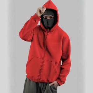 Sudadera con capucha y cremallera para hombre con máscara facial integrada, pasamontañas completo, estilo urbano, color liso, 100% algodón, para invierno - Product Image 3