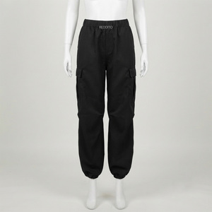 Pantalon cargo noir pour femme REDDITO, taille mi-haute élastique, coupe droite, longueur intégrale, décontracté, couleur unie, en velours côtelé, coupe-vent - Product Image 1
