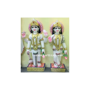 Statue de Laxmi Narayan en marbre blanc pour le culte et la décoration intérieure, avec finition brillante blanche faite à la main et couleur pour la couronne. - Product Image 1