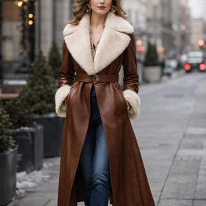 Abrigo largo de cuero genuino para mujer, diseñado con piel natural suave, ropa cálida para invierno, estilo moderno, perfecto. - Product Image 1