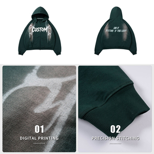 เสื้อฮู้ดซิปสีเขียวเข้มสำหรับผู้ชาย พิมพ์ลายขาวแบบนามธรรม ทรงปกติ สวมใส่สบาย พิมพ์ลายแบบซับลิเมชั่น - Product Image 4